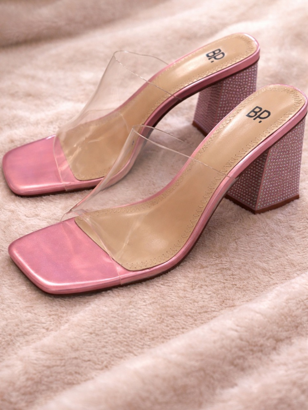 bp Pink Metallic Clear Strap Block Heels